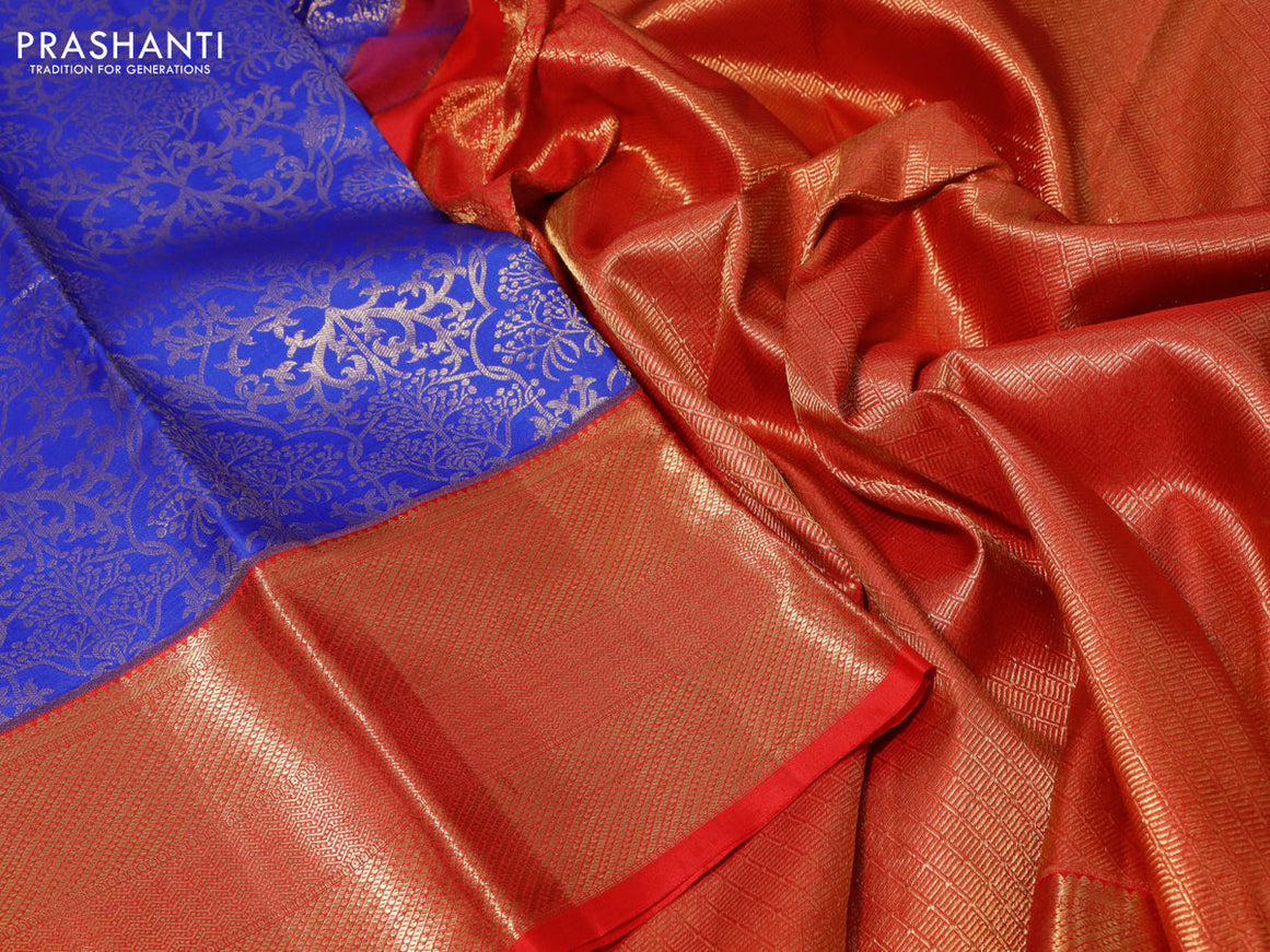 Pure kanchipuram silk saree blue and red with allover zari woven brocade weaves and zari woven border