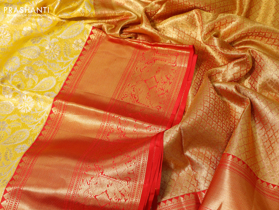 Pure kanchipuram tissue silk saree yellow and red with allover zari woven brocade weaves and long zari woven border