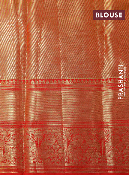 Pure kanchipuram tissue silk saree yellow and red with allover zari woven brocade weaves and long zari woven border