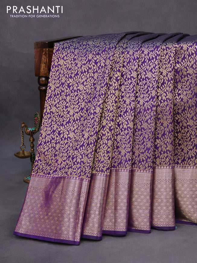 Pure kanchipuram silk saree deep violet with allover zari woven brocade weaves and zari woven border