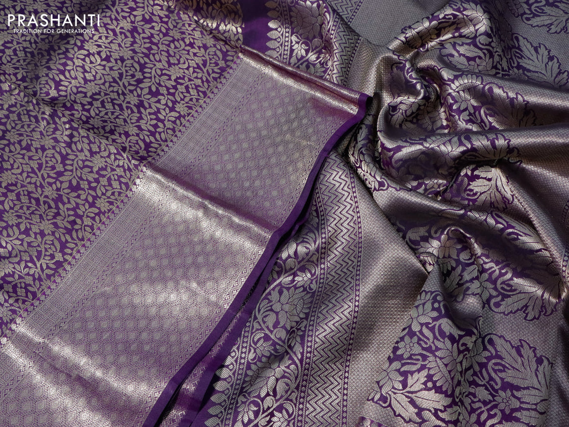 Pure kanchipuram silk saree deep violet with allover zari woven brocade weaves and zari woven border