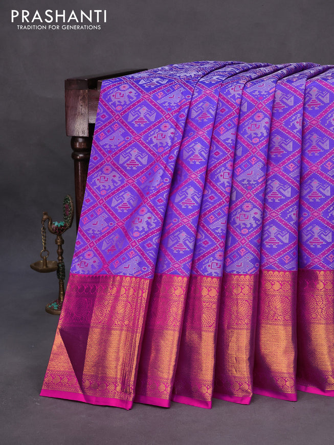 Pure kanchipuram silk saree royal blue and pink with allover patola weaves and long zari woven border