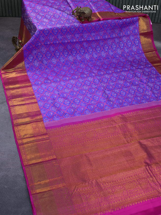 Pure kanchipuram silk saree royal blue and pink with allover patola weaves and long zari woven border