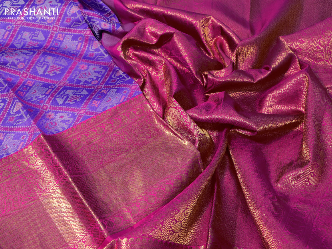 Pure kanchipuram silk saree royal blue and pink with allover patola weaves and long zari woven border