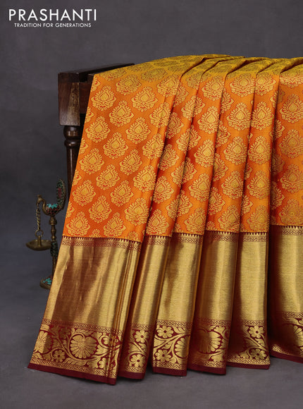 Pure kanchipuram silk saree mustard yellow and deep maroon with allover zari woven butta weaves and long zari woven border