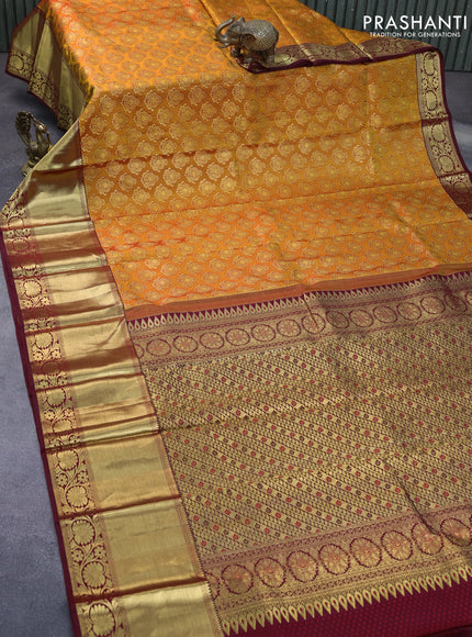 Pure kanchipuram silk saree mustard yellow and deep maroon with allover zari woven butta weaves and long zari woven border