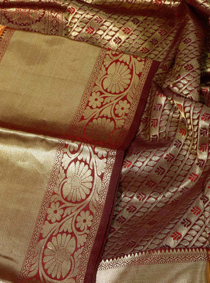 Pure kanchipuram silk saree mustard yellow and deep maroon with allover zari woven butta weaves and long zari woven border