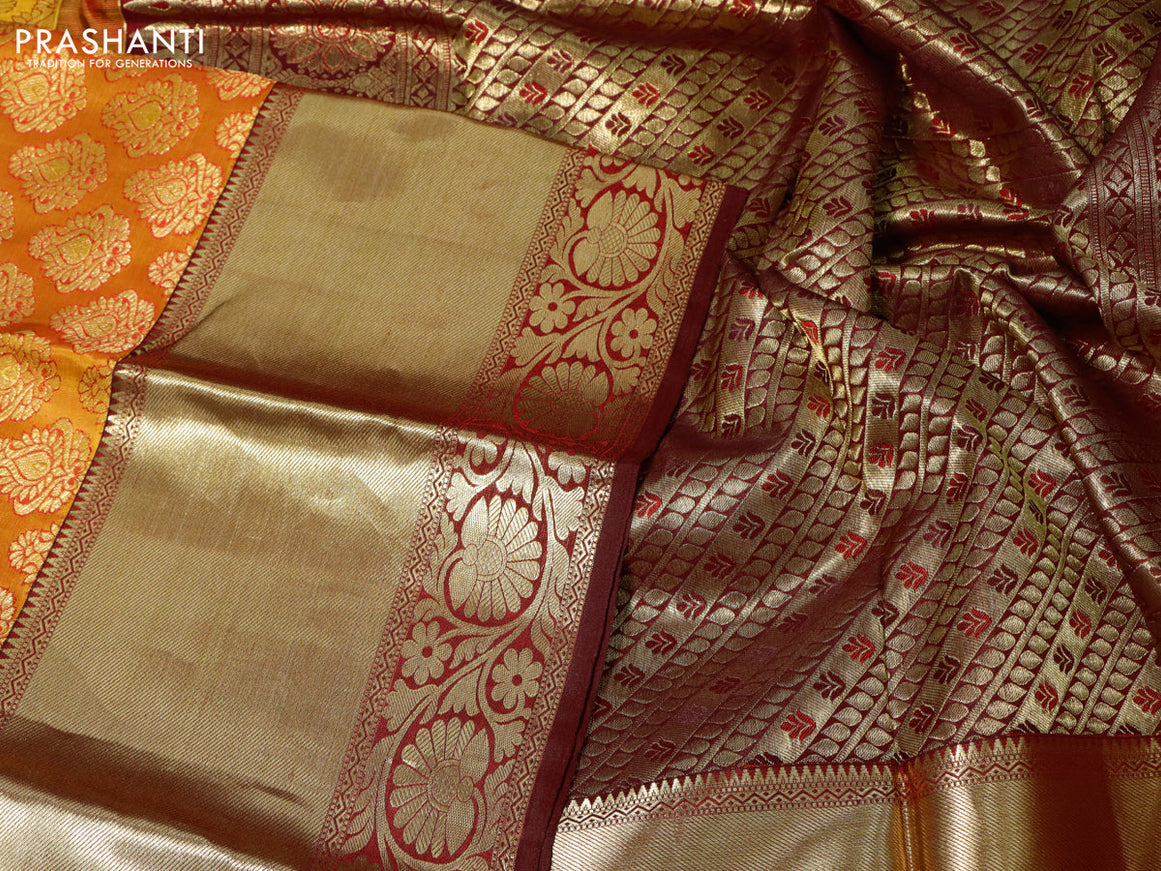 Pure kanchipuram silk saree mustard yellow and deep maroon with allover zari woven butta weaves and long zari woven border