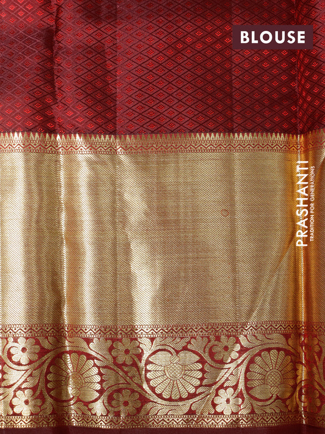 Pure kanchipuram silk saree mustard yellow and deep maroon with allover zari woven butta weaves and long zari woven border