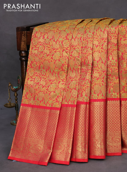 Pure kanchipuram silk saree red with allover zari woven brocade weaves and long zari woven border