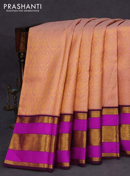 Pure kanchipuram silk saree pastel pink and deep wine shade with allover zari woven brocade weaves and long zari woven border