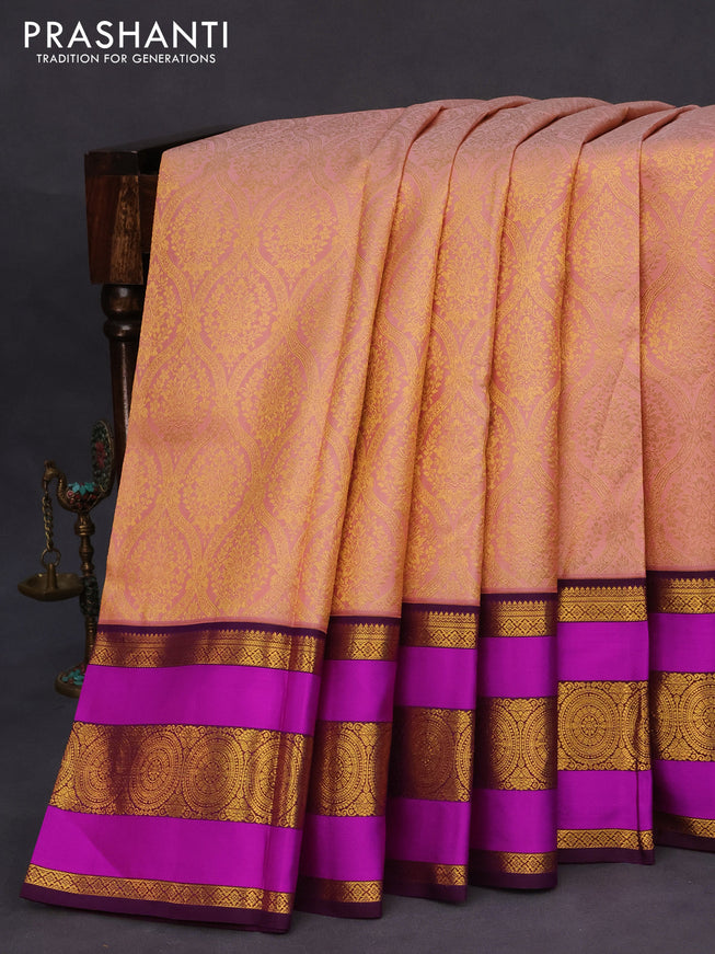 Pure kanchipuram silk saree pastel pink and deep wine shade with allover zari woven brocade weaves and long zari woven border