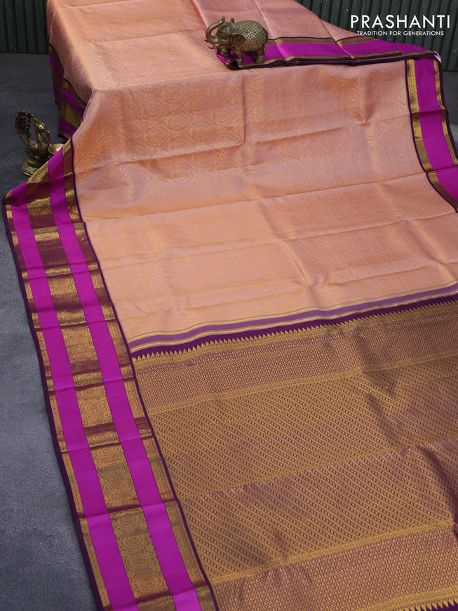 Pure kanchipuram silk saree pastel pink and deep wine shade with allover zari woven brocade weaves and long zari woven border