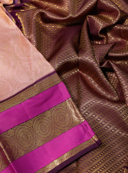 Pure kanchipuram silk saree pastel pink and deep wine shade with allover zari woven brocade weaves and long zari woven border