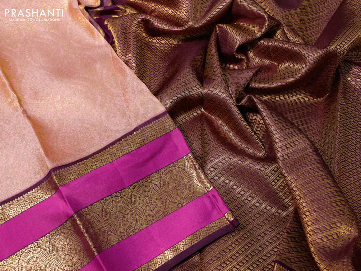 Pure kanchipuram silk saree pastel pink and deep wine shade with allover zari woven brocade weaves and long zari woven border