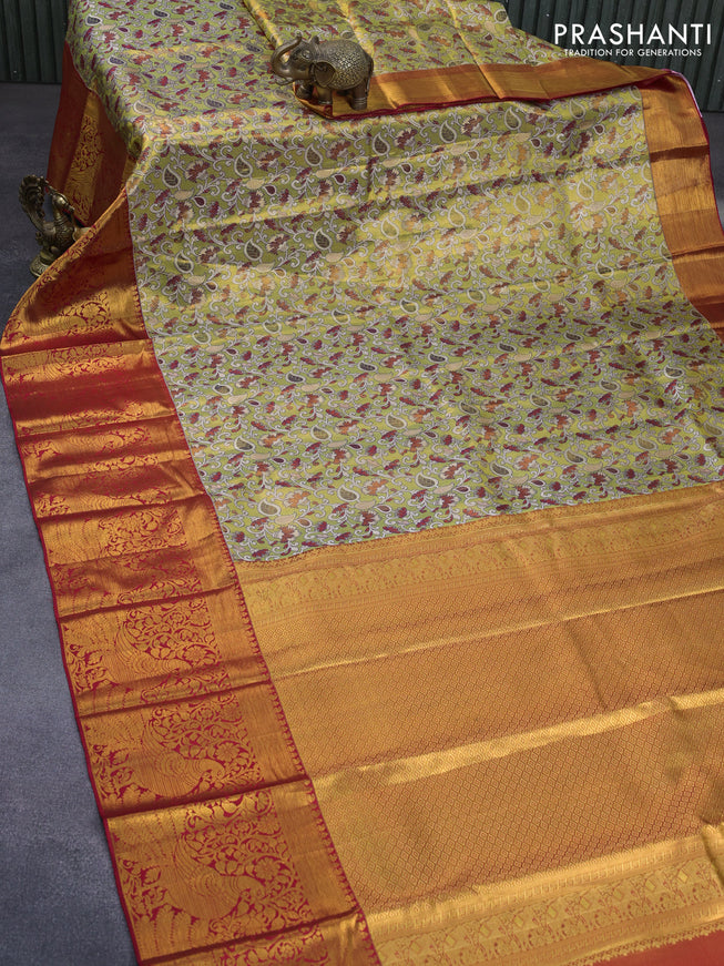 Pure kanchipuram tissue silk saree mehendi green and red with allover zari woven brocade weaves and long zari woven border