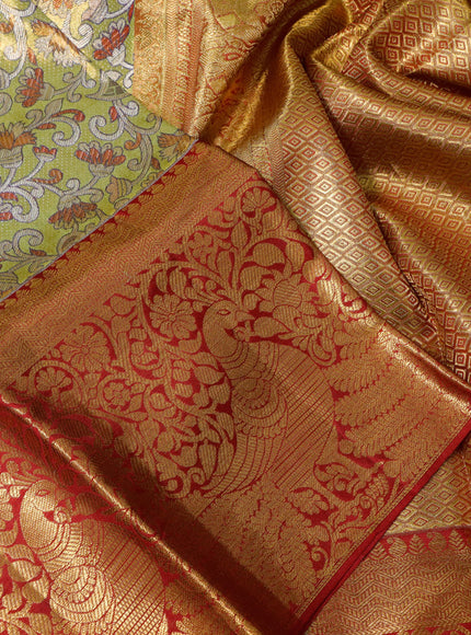 Pure kanchipuram tissue silk saree mehendi green and red with allover zari woven brocade weaves and long zari woven border