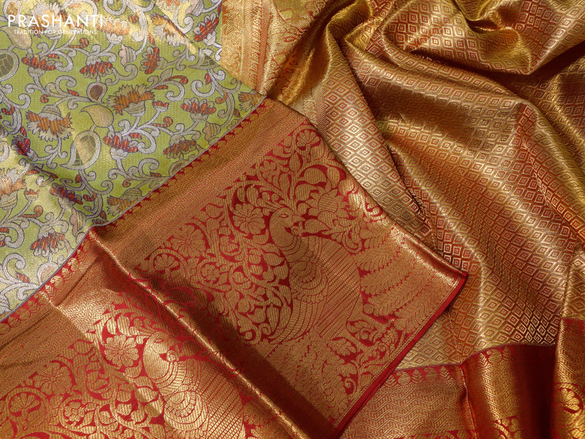 Pure kanchipuram tissue silk saree mehendi green and red with allover zari woven brocade weaves and long zari woven border