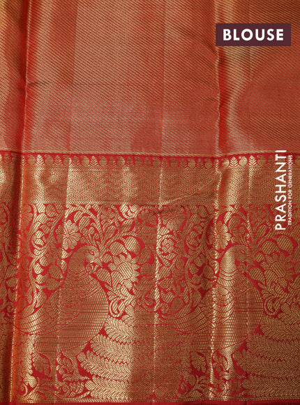 Pure kanchipuram tissue silk saree mehendi green and red with allover zari woven brocade weaves and long zari woven border