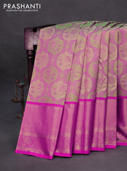 Pure kanchipuram tissue silk saree multi colour and magenta pink with allover zari woven brocade weaves and long zari woven border