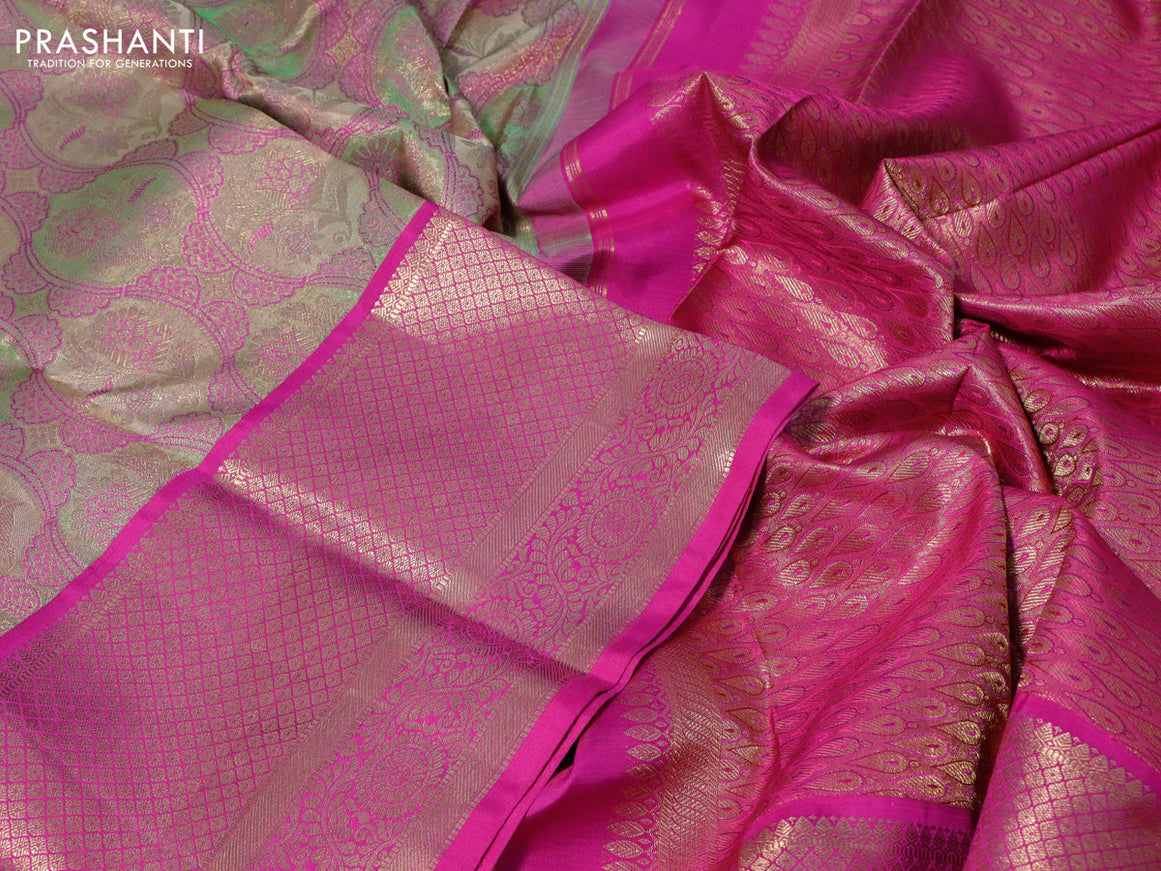 Pure kanchipuram tissue silk saree multi colour and magenta pink with allover zari woven brocade weaves and long zari woven border