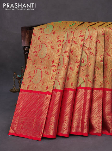 Pure kanchipuram tissue silk saree gold and red with allover zari woven brocade weaves and long zari woven border