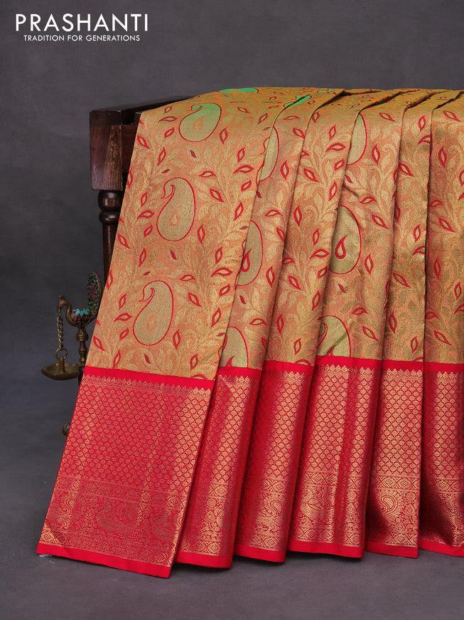 Pure kanchipuram tissue silk saree gold and red with allover zari woven brocade weaves and long zari woven border