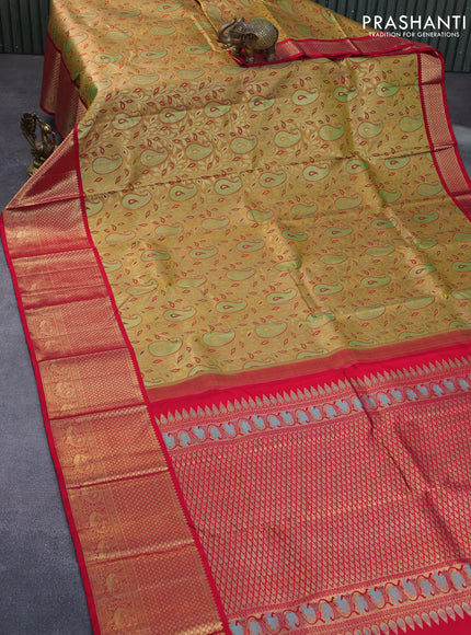 Pure kanchipuram tissue silk saree gold and red with allover zari woven brocade weaves and long zari woven border