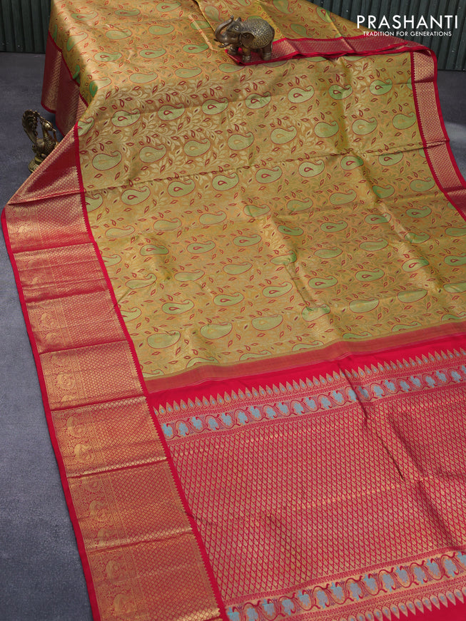 Pure kanchipuram tissue silk saree gold and red with allover zari woven brocade weaves and long zari woven border