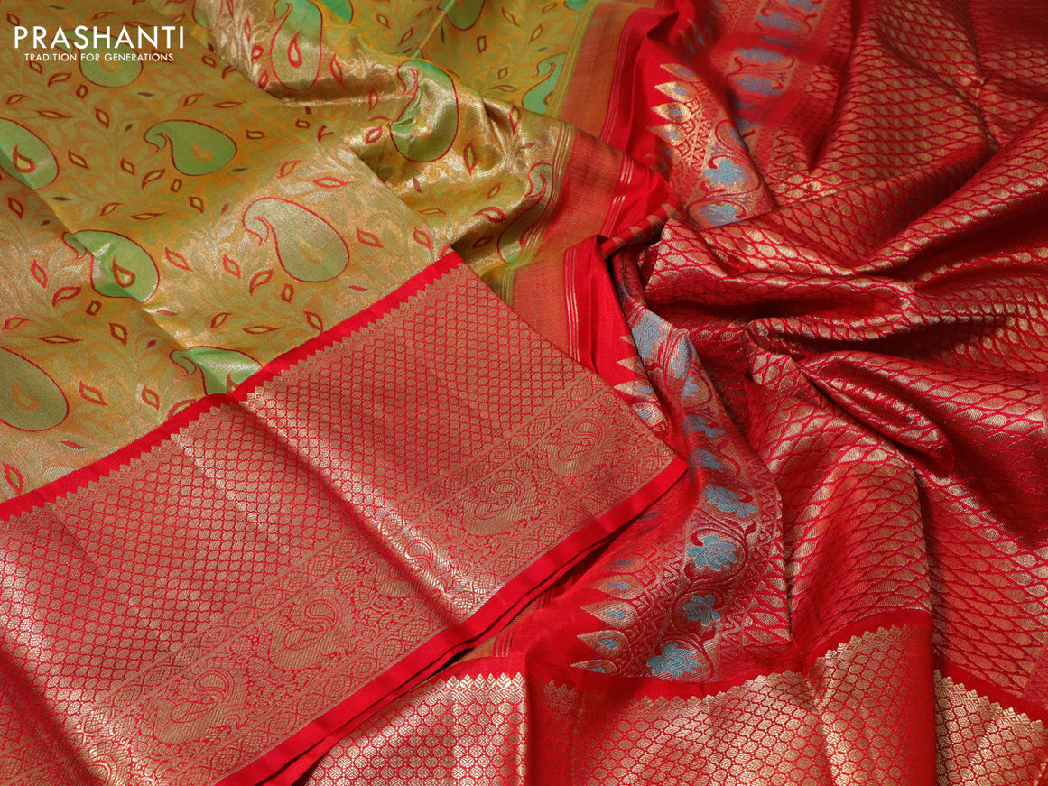 Pure kanchipuram tissue silk saree gold and red with allover zari woven brocade weaves and long zari woven border