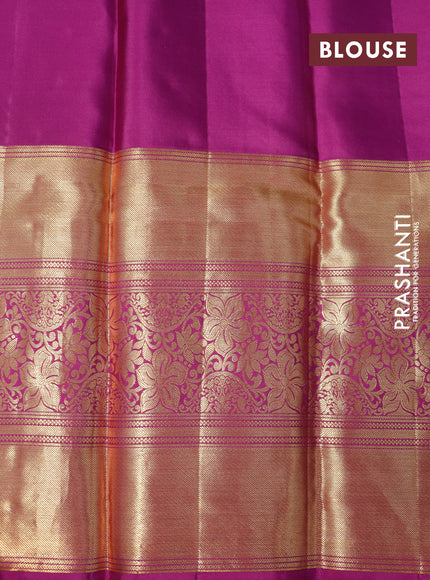 Pure kanchipuram silk saree yellow and purple with allover zari woven brocade weaves and long zari woven border