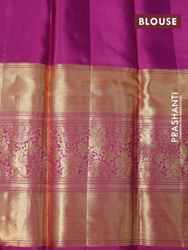 Pure kanchipuram silk saree yellow and purple with allover zari woven brocade weaves and long zari woven border