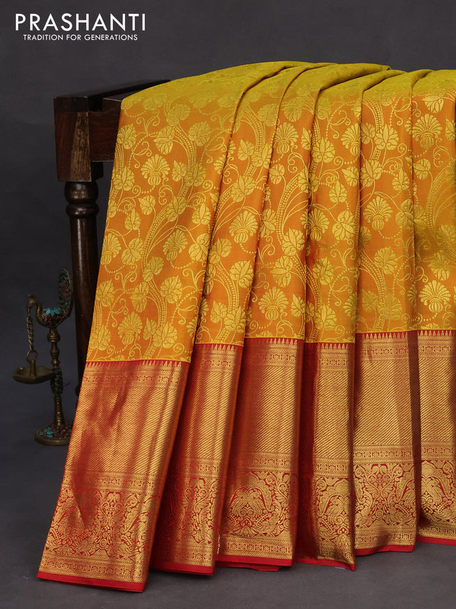 Pure kanchipuram silk saree mustard shade and red with allover zari woven brocade weaves and long zari woven border