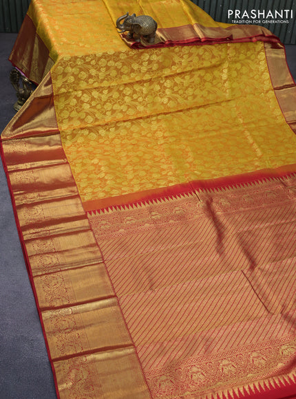 Pure kanchipuram silk saree mustard shade and red with allover zari woven brocade weaves and long zari woven border