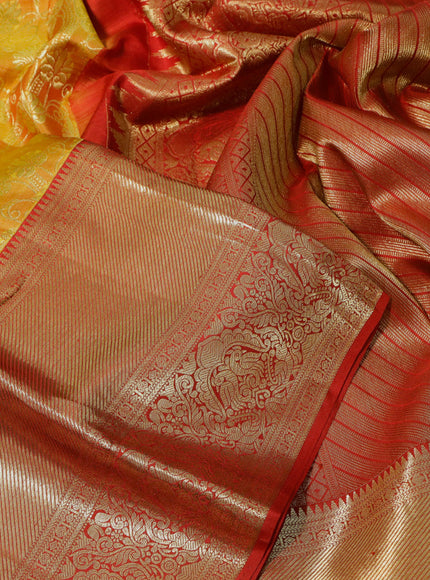 Pure kanchipuram silk saree mustard shade and red with allover zari woven brocade weaves and long zari woven border