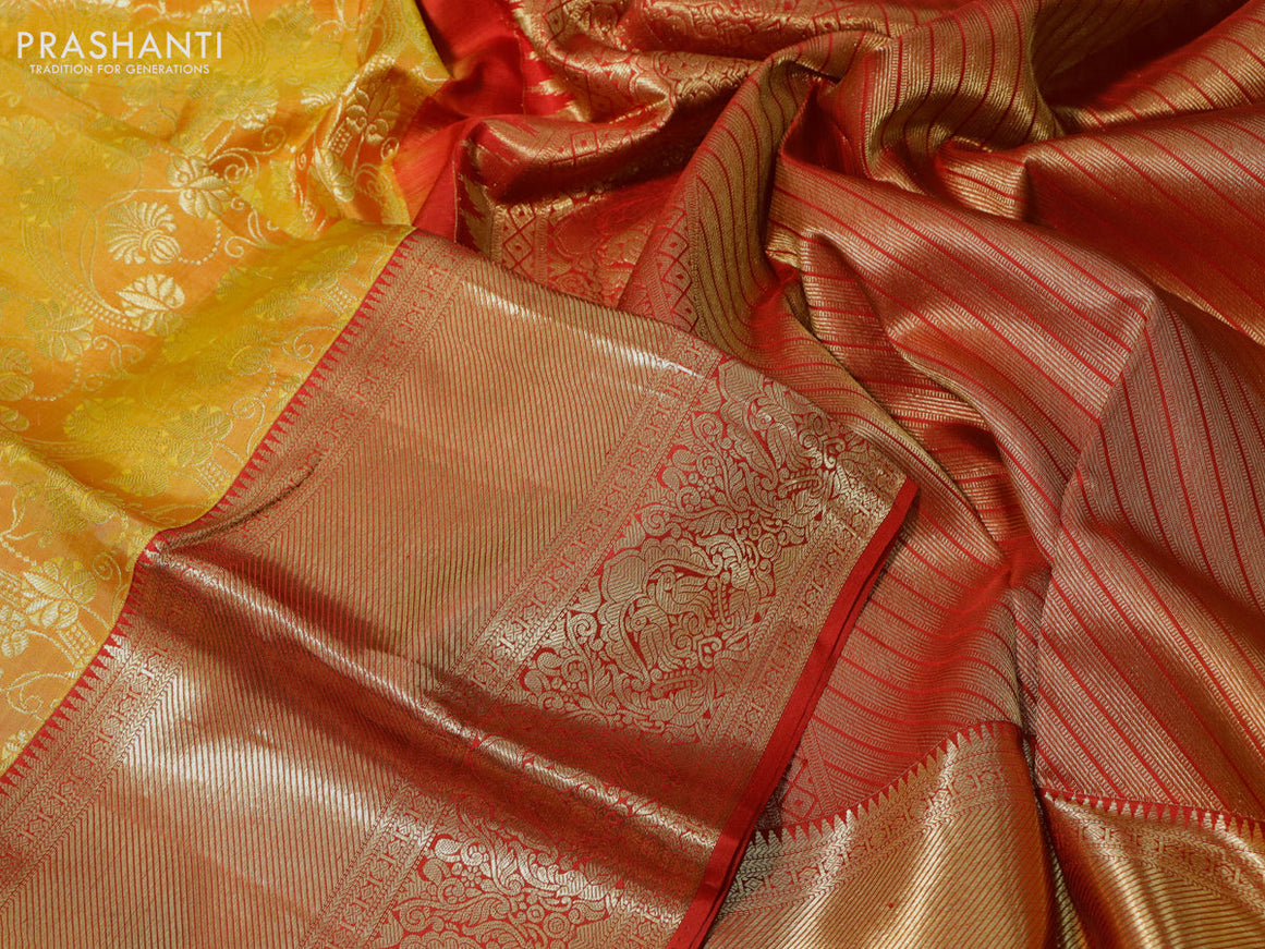 Pure kanchipuram silk saree mustard shade and red with allover zari woven brocade weaves and long zari woven border