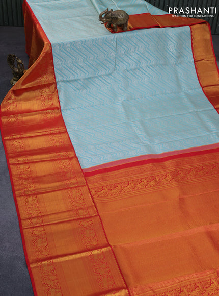 Pure kanchipuram silk saree light blue and red with allover silver zari woven brocade weaves and long zari woven annam border