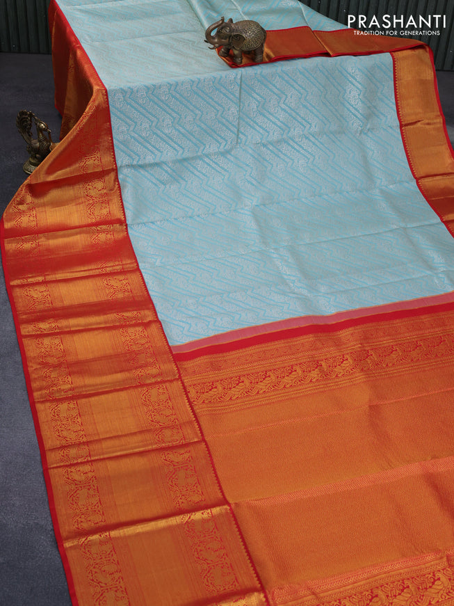 Pure kanchipuram silk saree light blue and red with allover silver zari woven brocade weaves and long zari woven annam border