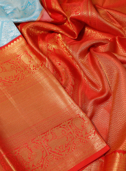 Pure kanchipuram silk saree light blue and red with allover silver zari woven brocade weaves and long zari woven annam border