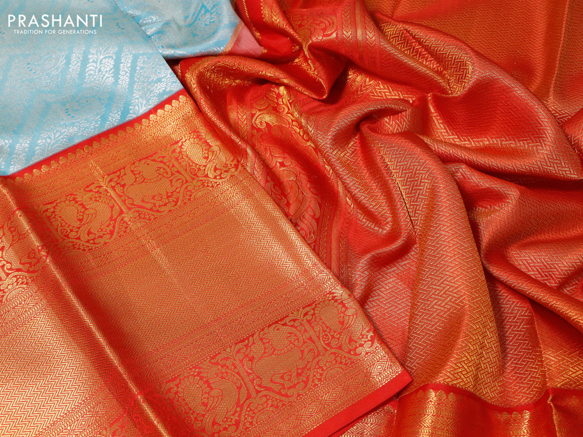 Pure kanchipuram silk saree light blue and red with allover silver zari woven brocade weaves and long zari woven annam border