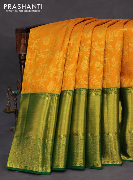 Pure kanchipuram silk saree mustard shade and green with allover zari woven brocade weaves and long zari woven border