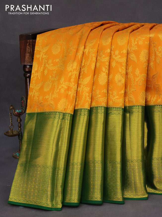 Pure kanchipuram silk saree mustard shade and green with allover zari woven brocade weaves and long zari woven border