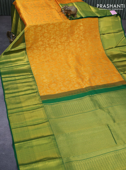 Pure kanchipuram silk saree mustard shade and green with allover zari woven brocade weaves and long zari woven border