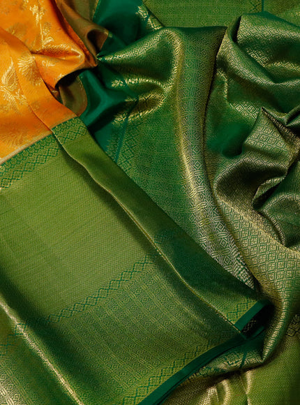 Pure kanchipuram silk saree mustard shade and green with allover zari woven brocade weaves and long zari woven border