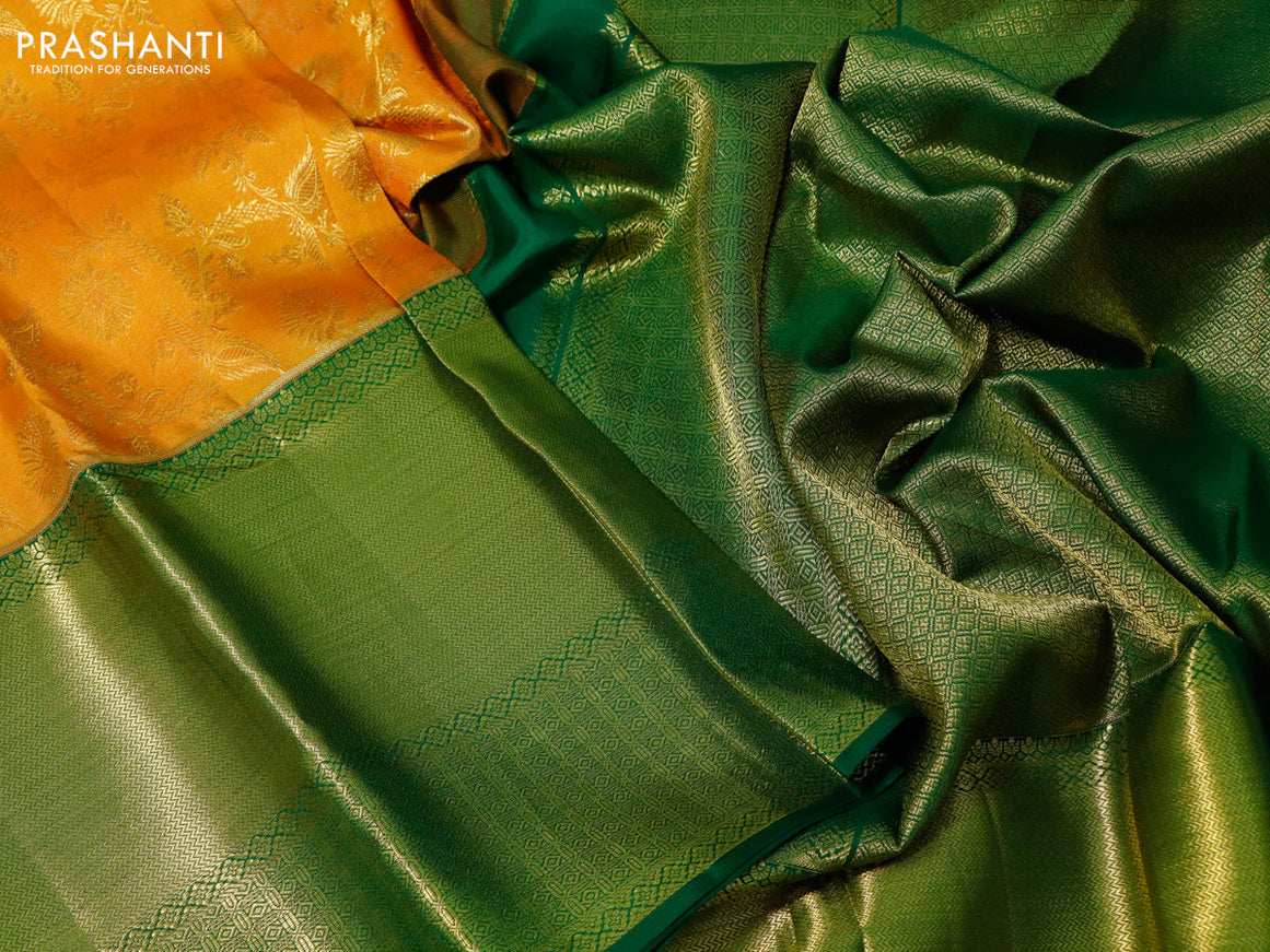 Pure kanchipuram silk saree mustard shade and green with allover zari woven brocade weaves and long zari woven border