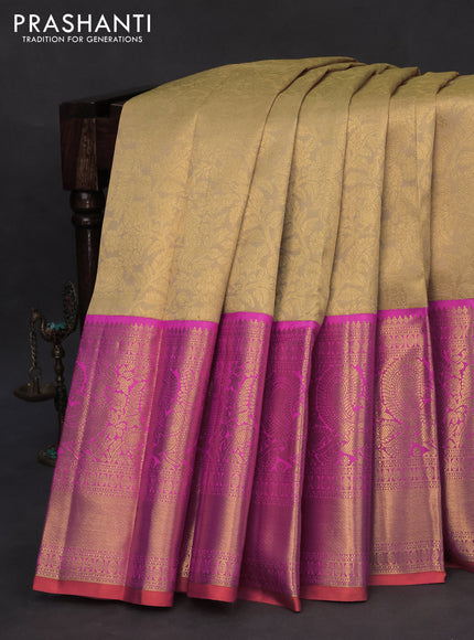 Pure kanchipuram silk saree sandal and pink with allover zari woven brocade weaves and long zari woven annam border