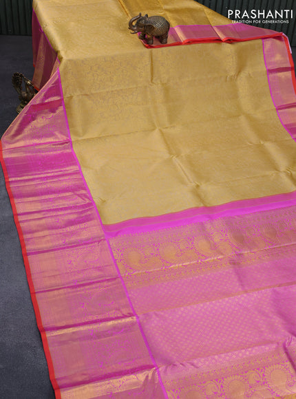 Pure kanchipuram silk saree sandal and pink with allover zari woven brocade weaves and long zari woven annam border