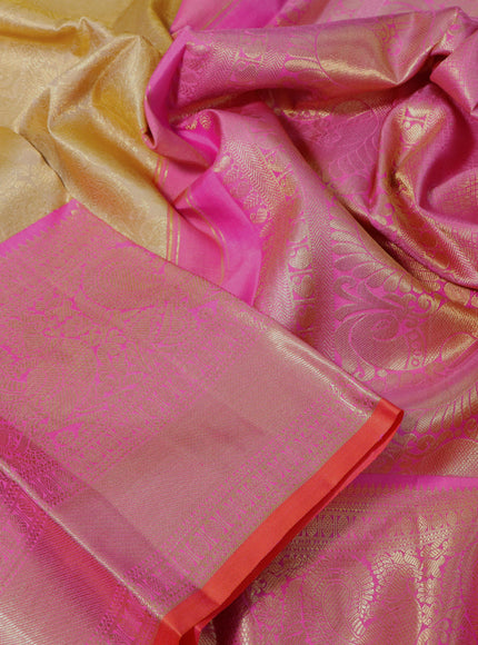 Pure kanchipuram silk saree sandal and pink with allover zari woven brocade weaves and long zari woven annam border