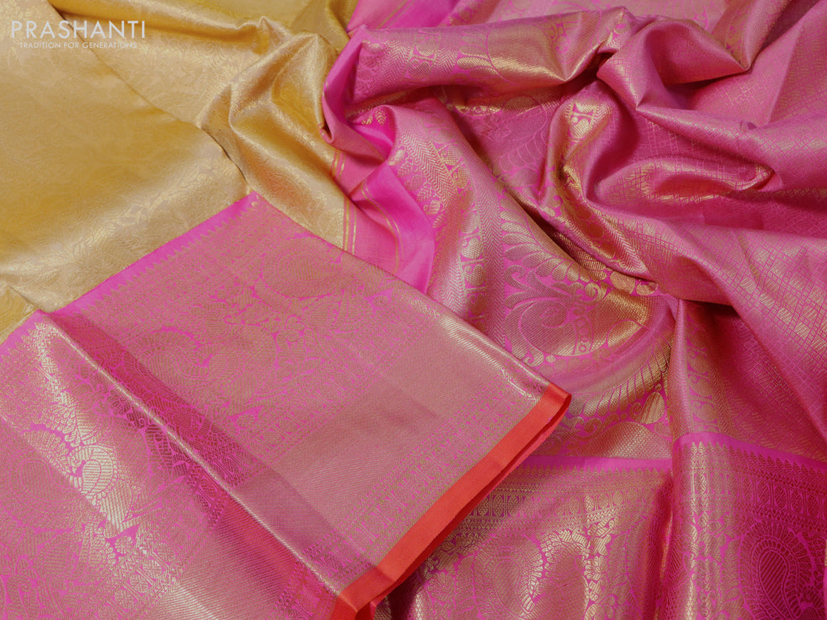 Pure kanchipuram silk saree sandal and pink with allover zari woven brocade weaves and long zari woven annam border