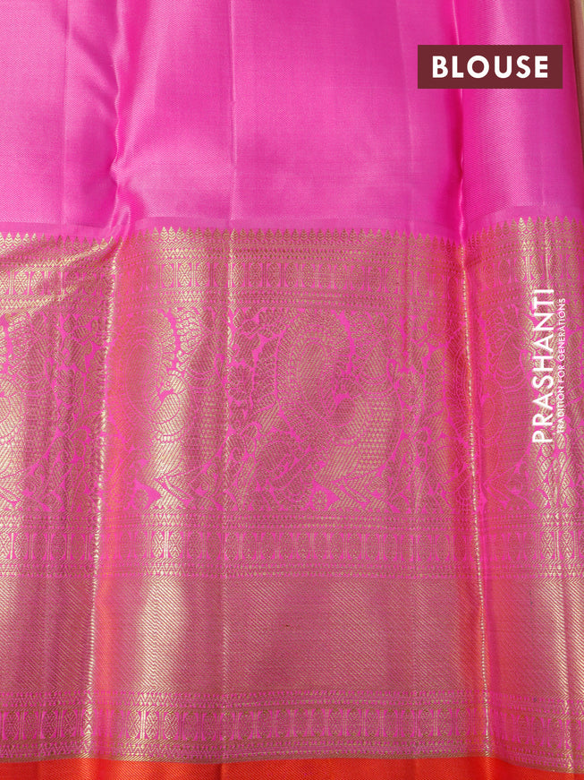 Pure kanchipuram silk saree sandal and pink with allover zari woven brocade weaves and long zari woven annam border